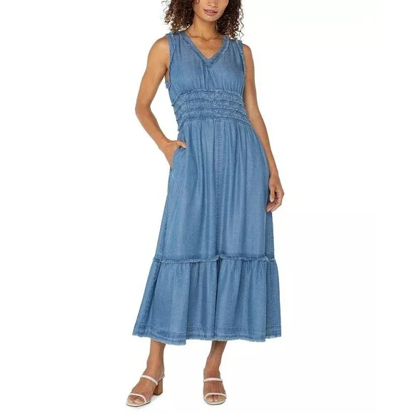 Liverpool Los Angeles Chambray Frayed‑Trim Maxi Dress – Size XS – NWT – $129 - Picture 3 of 5